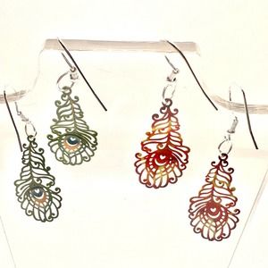 Peacock Feather Earrings - Bird Earrings - Metal Earrings - Fire Earrings